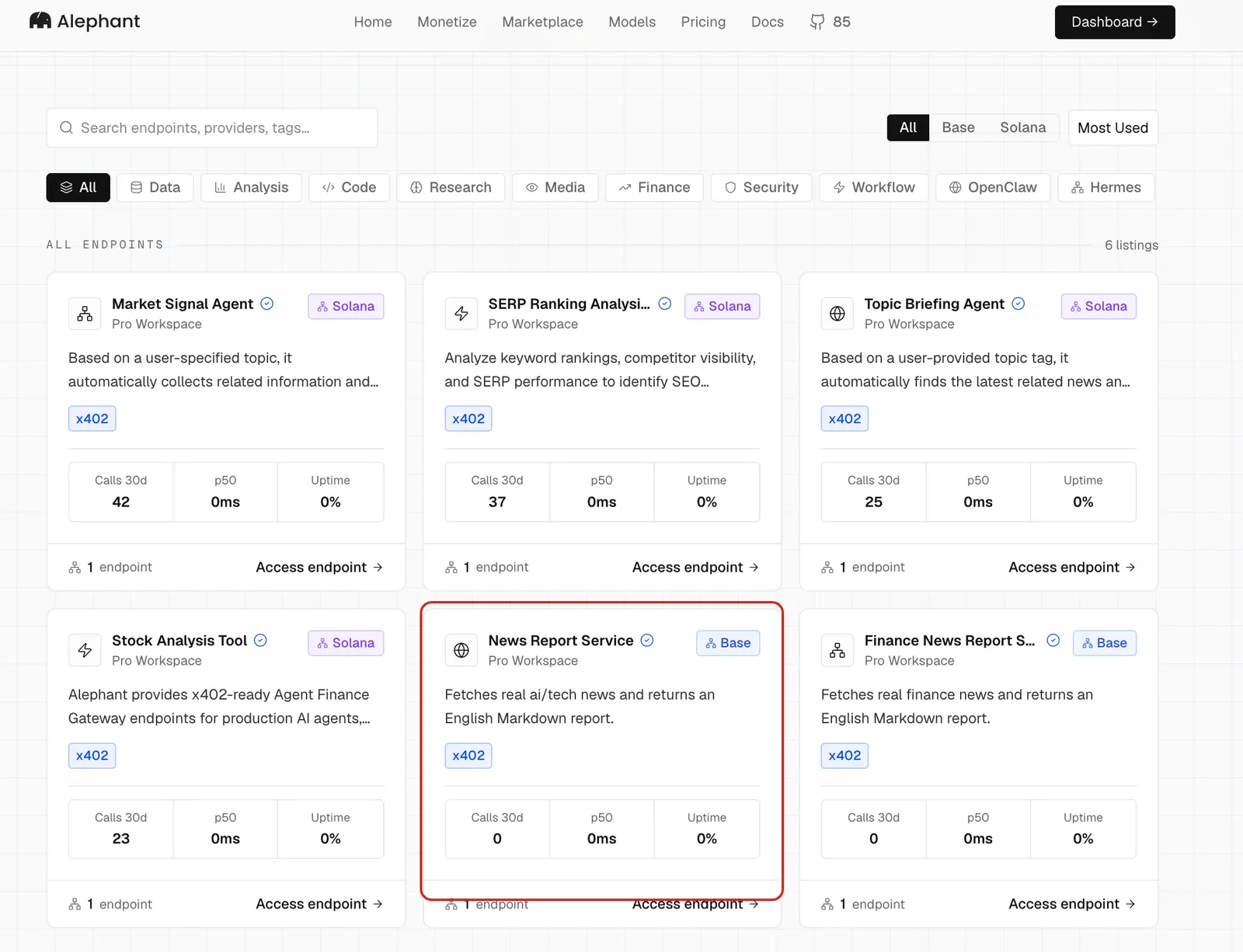 News Report Service listing in the Alephant marketplace
