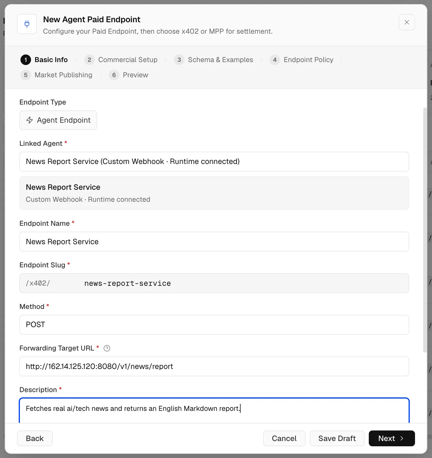Create a new Agent Paid Endpoint basic info