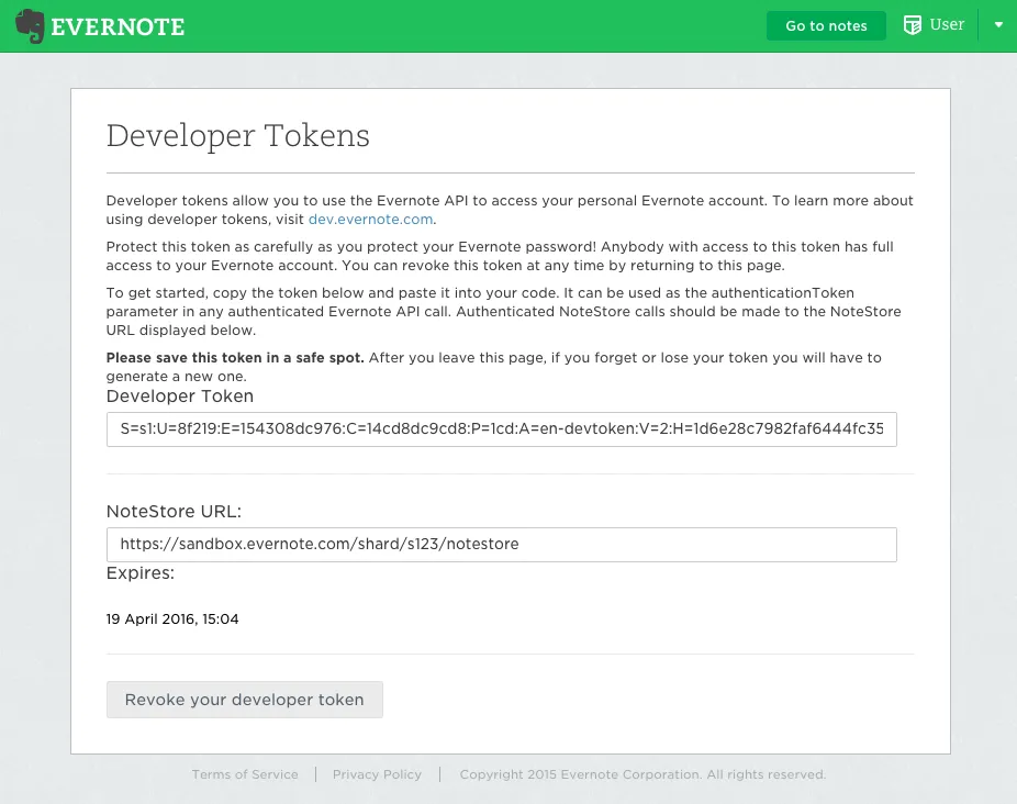 Official Developer Token creation result example